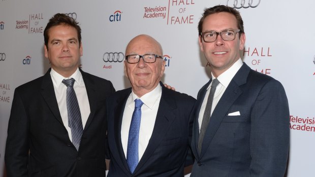 Fox chief executive James Murdoch, right, with his brother Lachlan and father Rupert.