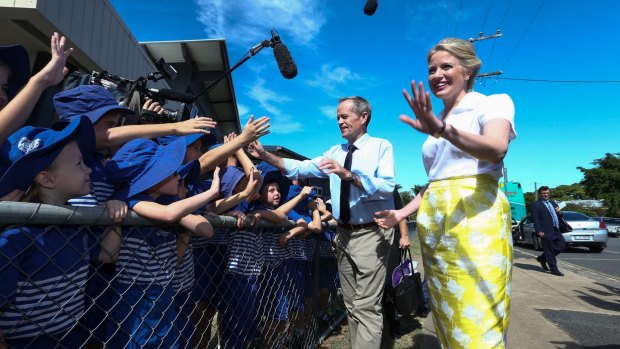 Opposition Leader Bill Shorten and wife Chloe during a visit to Frenchville State School in Rockhampton, Queensland.