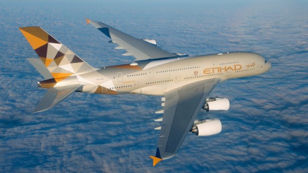 An Etihad Airlines A380-800.