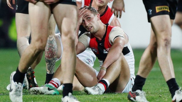 Dejected Saint: Luke Dunstan is gutted after the close loss to Port Adelaide.