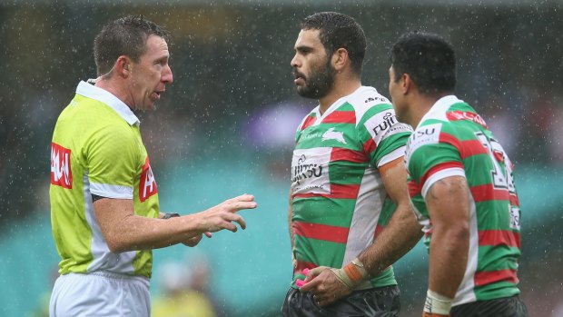 Laying down the law: Referee Jared Maxwell speaks to Greg Inglis and Kirisome Auvaa.