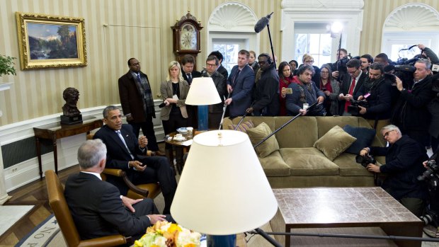 US President Barack Obama speaks while meeting Australian Prime Minister Malcolm Turnbull.