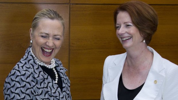 Hillary Clinton and Julia Gillard shared a laugh during a UN conference in Brazil.