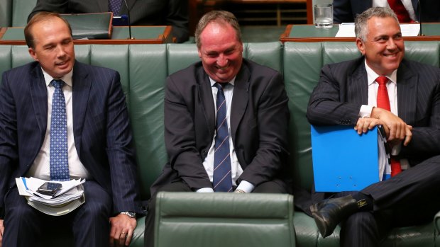 Liberal MP Josh Frydenberg (not in photo) gets Agriculture Minister Barnaby Joyce laughing during Question Time at Parliament House in Canberra on Tuesday 24 February 2015. Photo: Alex Ellinghausen