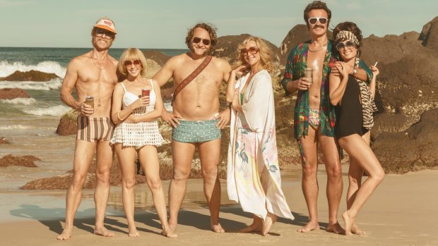 Keith Hall (Guy Pearce), Kaye Hall (Kylie Minogue), Bob Marsh (Jeremy Sims), Gale Marsh (Asher Keddie), Rick Jones (Julian McMahon) and Jo Jones (Radha Mitchell) in <i>Swinging Safari</i>.