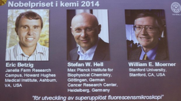 Trailblazers in nanoscopy: A screen showing the laureates of the 2014 Nobel prize for chemistry, American scientists Eric Betzig (left) and William Moerner (right) and Germany's Stefan Hell. 