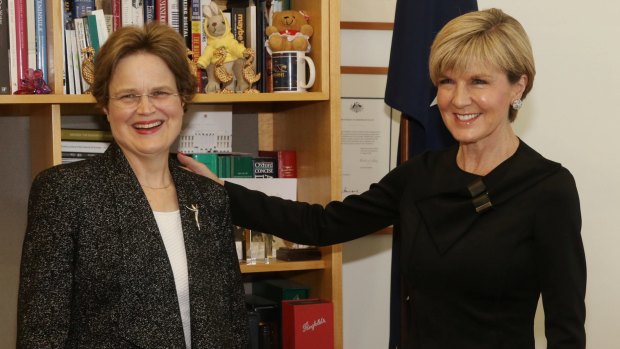Foreign Affairs minister Julie Bishop welcomes Frances Adamson as Secretary of the Department of Foreign Affairs and Trade at Parliament House in August last year. 