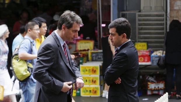 Past NSW ALP general secretaries Eric Roozendaal and Sam Dastyari chat in 2013. 