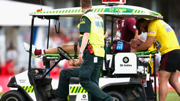 Manly's Jake Trbojevic taken from the field with suspected concussion.