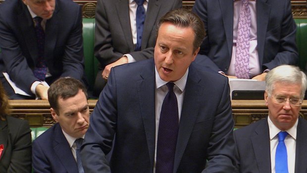 British Prime Minister David Cameron in the House of Commons in London during a debate on launching airs trikes against Islamic State extremists inside Syria.