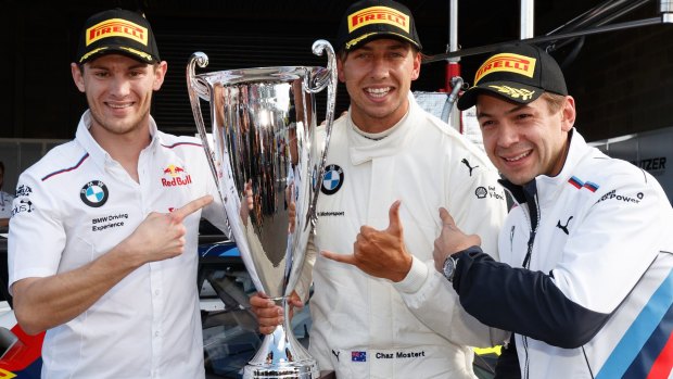 Team Schnitzer: Marco Wittmann, Chaz Mostert and Augusto Farfus pose with the Allan Simonsen Pole Position Award after claiming  top spot during the Top 10 Shootout.