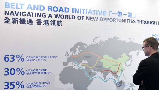 A poster promoting China's One Belt One Road initiative in Hong Kong. 