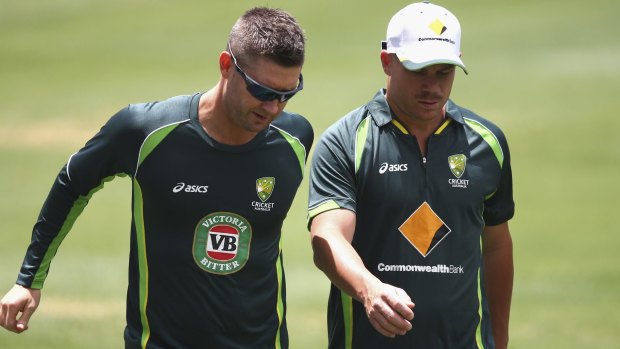 Back at it: Michael Clarke and David Warner at an Australian nets session in Adelaide on Saturday.