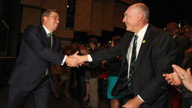 Federal National  Party Leader Warren Truss greets NSW leader Troy Grant.