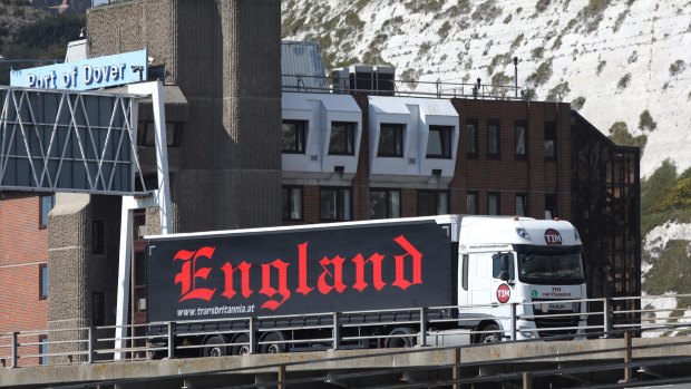 Uncertain path: A cargo truck bearing the word 'England' manoeuvres through the Port of Dover