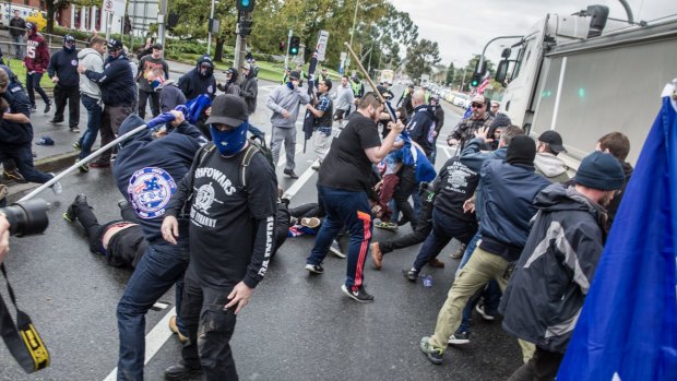 Protesters from rival anti-racism and anti-Muslim groups clash in Coburg in May.