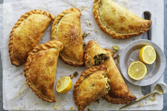 Empanadas filled with sauteed zucchini, chillies, olives and fresh beans.