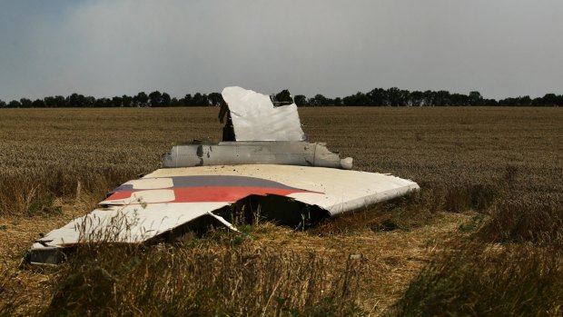 A portion of the MH17 wing lies in the field as smoke rises behind the tree-line. Russians no longer know what to think.