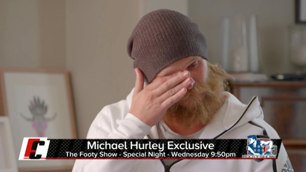 Banned Bomber Michael Hurley gave an emotional interview to Channel Nine's Footy Show.