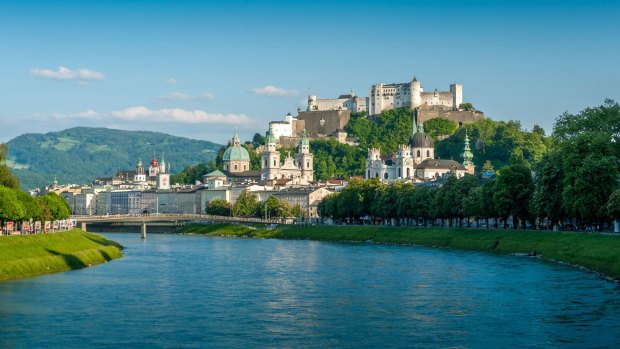 View of Salzburg from the river Salzach.