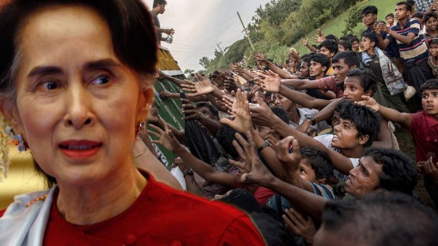 Myanmar's leader Aung San Suu Kyi superimposed on Rohingya refugees scrambling for food aid in Bangladesh.