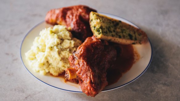 Lamb shanks with parsley mash.