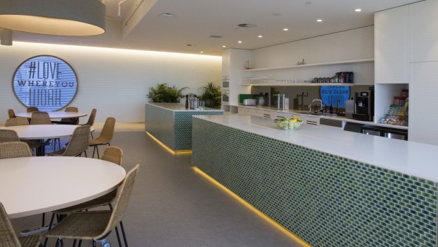 The kitchen area at the new Twitter offices at 2 Park Street,  Sydney 