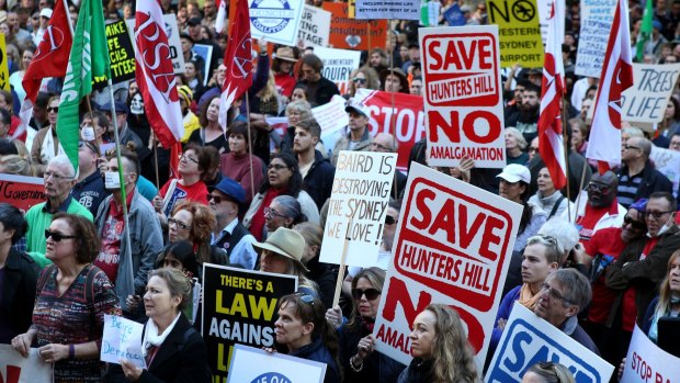 Anger about council amalgamations animated a protest in Sydney's CBD on Sunday. 