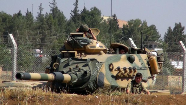A Turkish army tank stationed near the Syrian border in Suruc earlier this month.