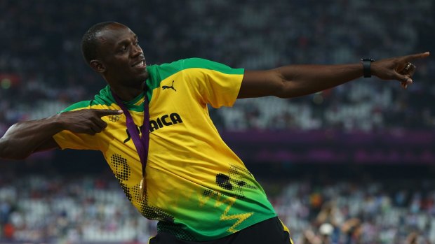 Gold medalist Usain Bolt of Jamaica celebrates.