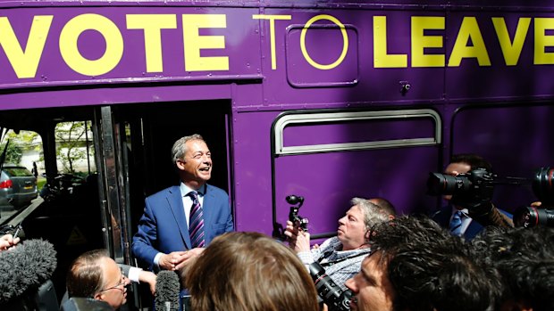 British politician and leader of the UK Independence Party Nigel Farage talks to members of the media as he launches his party's campaign for Britain to leave the EU.