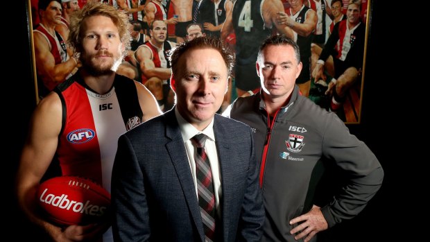 St Kilda footballer Sam Gilbert, CEO Matt Finnis and coach Alan Richardson. The club has become an unlikely champion of gay rights and is lobbying the AFL for the club to hold the league's first Pride Game next season.  