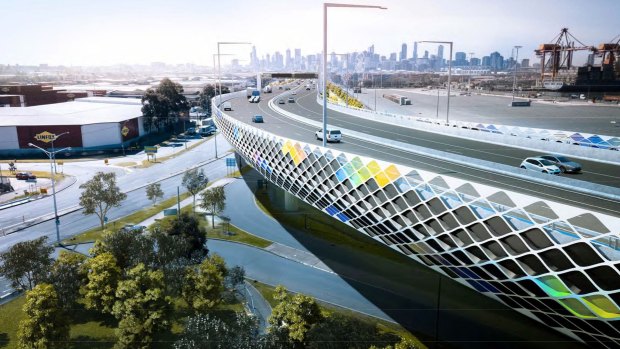 An artist's impression of the Footscray Road elevated freeway section of the West Gate Tunnel. 