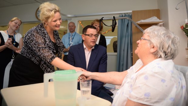 The new Victorian Premier Daniel Andrews and Health Minister Jill Hennessey at Frankston hospital with patient June Maher.
