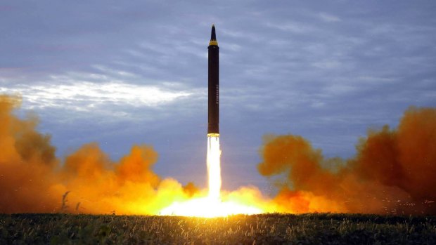 The North Korean government shows what was said to be the test launch of a Hwasong-12 intermediate range missile in Pyongyang, North Korea, in August. 