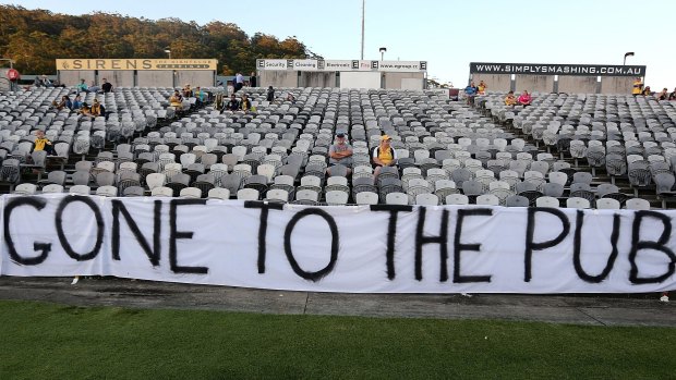 No fans, no fun: Central Coast Mariners fans let their feelings be known before the start of the match against Melbourne City on Thursday night.