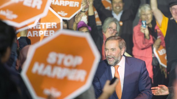 New Democratic Party leader Tom Mulcair at a rally in Vancouver, British Columbia,  on Saturday.