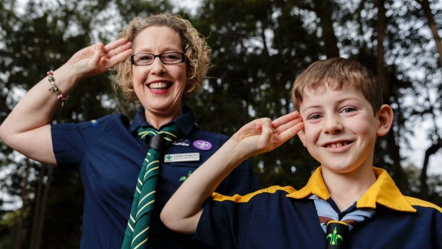 Cathy Morcom, Australia's first female Scouts GM with her son Emmet, Australia's newest Cub Scout, at a ceremony at the Baden-Powell Scout Centre.