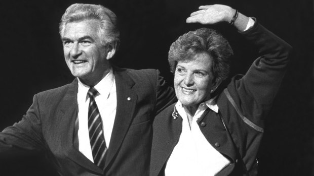 The way they were: Prime Minister Bob Hawke with wife, Hazel, at the Labor Party campaign launch and policy speech at the Sydney Opera House in June 1987.
