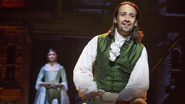 Lin Manuel Miranda as Alexander Hamilton in the Broadway hit <i>Hamilton</i>.