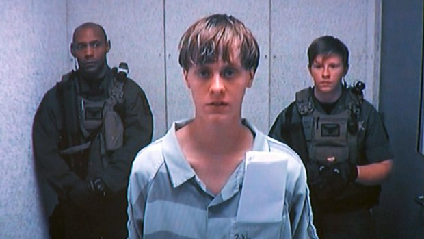 Dylann Roof appears by closed-circuit television at his bond hearing in Charleston, South Carolina.