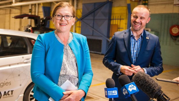 Co-chair of the Seeing Machines Research Initiative Kate Lundy with ACT Chief Minister Andrew Barr at the launch of the trial in 2017.