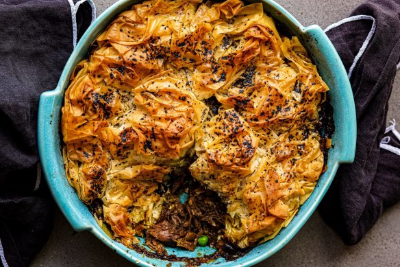 Green lamb shoulder shawarma and pea pie.