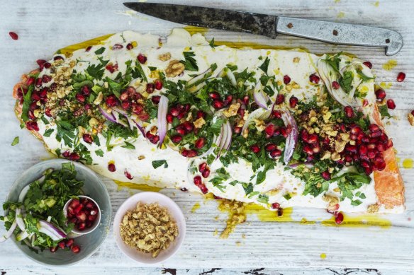 A side of salmon with tahini cream.