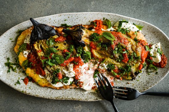 Eggplant with harissa capsicum and tahini yoghurt. 