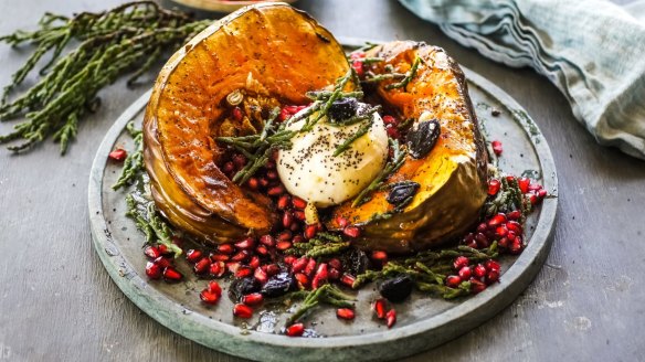 Roasted pumpkin with black garlic, samphire and burrata