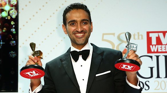 <i>The Project's</i> Waleed Aly poses with the Gold Logie and Silver Logie for Best Presenter.