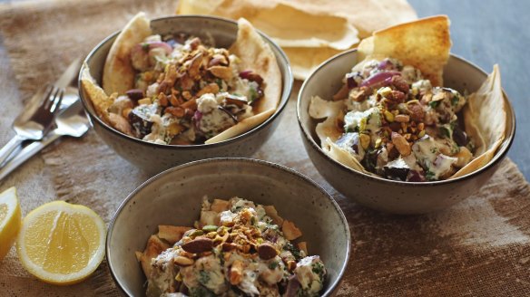 Eggplant, yoghurt and chickpea fetteh with crispy pita.