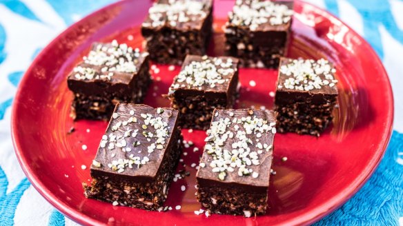 Date, chocolate and hemp seed slice.