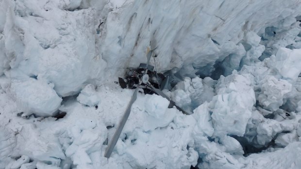The wreckage of the helicopter which crashed killing all seven people on board in the crevasse on Fox Glacier.